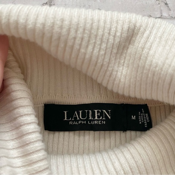 Lauren Ralph Lauren Cream Turtleneck Sweater with Faux Leather Trim - Picture 5 of 10